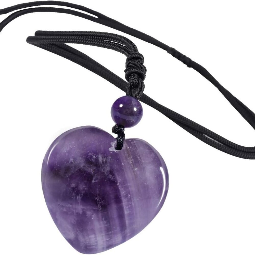Carved Stone Heart Shape Necklace Chakra Quartz Pendant with Cord Amulet Healing